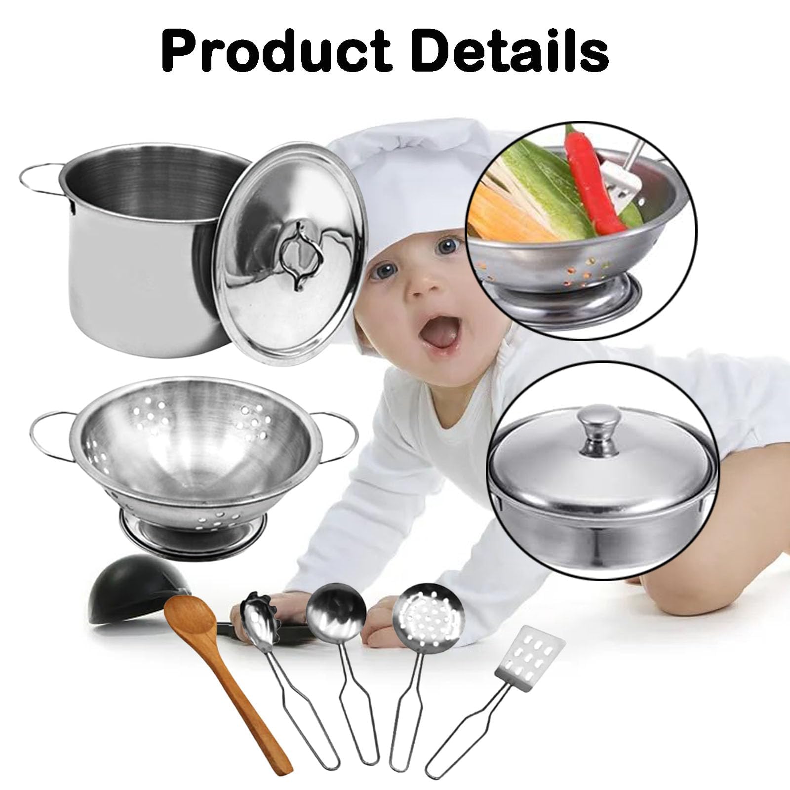 Kitchen Toys Toy Pots and Pans Set 12 PCS Stainless Steel Pretend Cooking Utensils Cookware Set Play Pots and Pans Toys Packed In a Golden Cloth Bag Chef Role Playset Cooking Set - Image 3