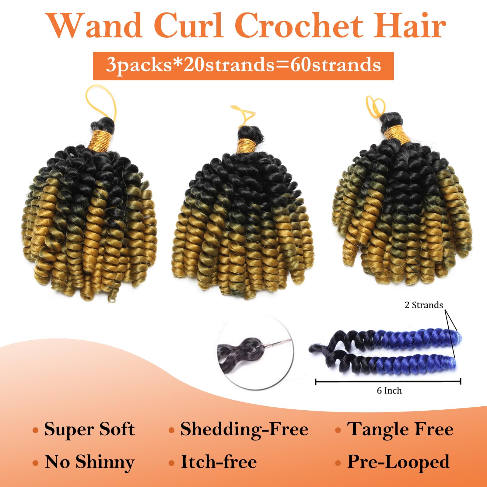 S-noilite Jamaican Bounce Crochet Hair 6 inch,Jumpy Wand Curls Short Pre Looped Curly Crochet Braids Hair-Extension Synthetic for Black Women,3 pack 180g,Black to Golden - Image 4