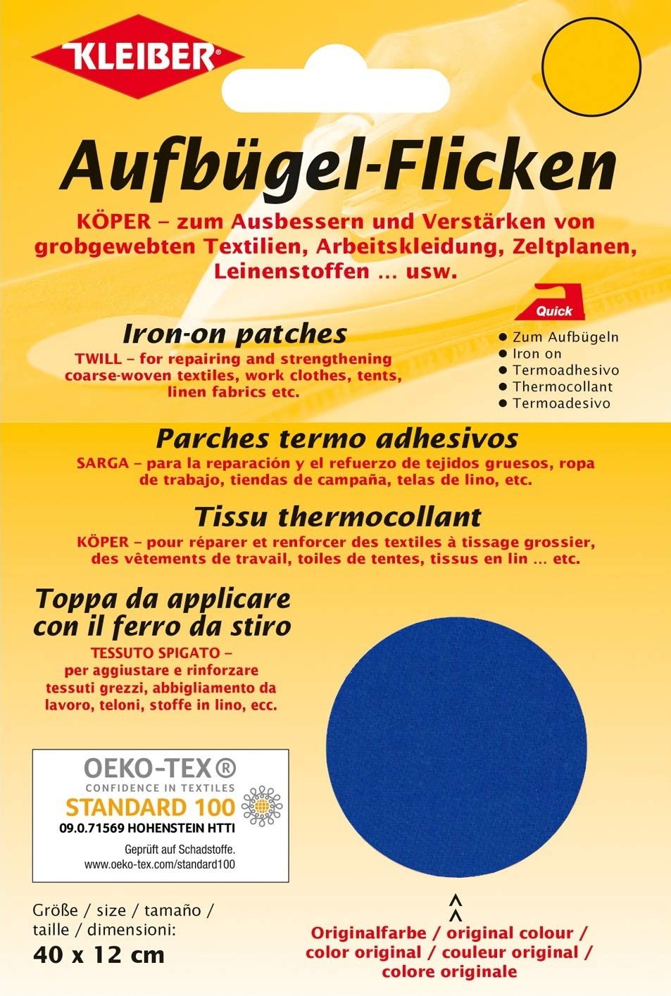 Kleiber 40 x 12 cm Large Iron on Cotton Repair Patch, Blue