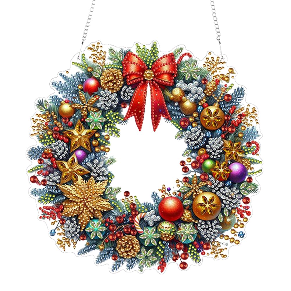 Fiorky 5D Diamond Painting Wreath Kits, Special Shape Christmas Wreath Cardinal Diamond Painting Dots Pendant Diamond Painting Rhinestone Diamond Art Pendants for ome Window Door Decor Gift