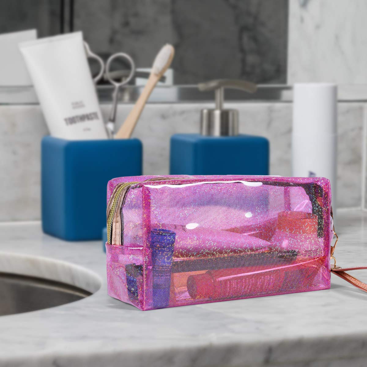 dealcase Clear Cosmetic Bag with Zipper, Holographic Travel Makeup Bag Large Capacity Toiletry Bag for Women - ?Pink x 1?