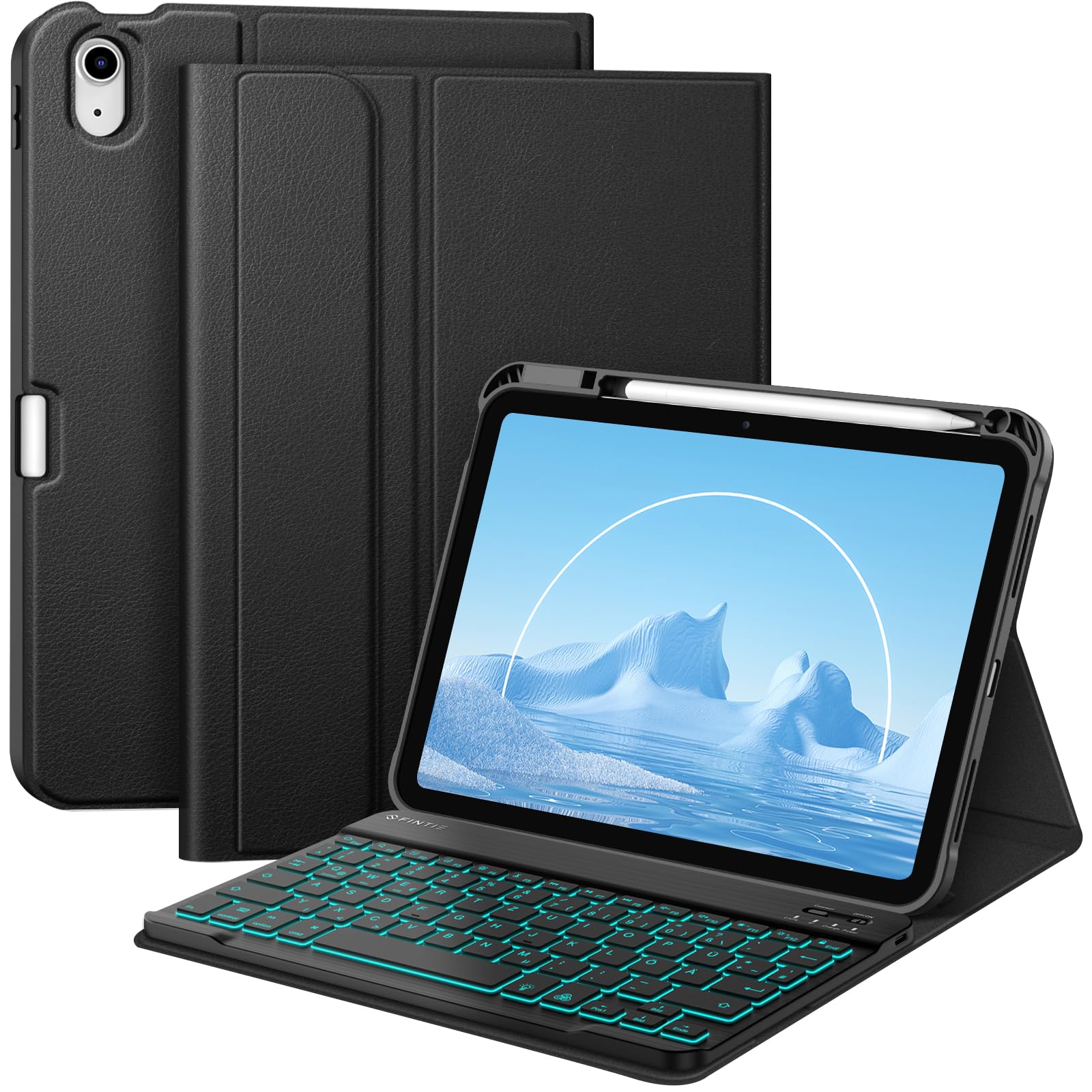 FINTIE Hülle mit Tastatur für iPad A16 11 Generation/10 Gen (11/10.9 Zoll, 2025/2022), 7-farbige Hintergrundbeleuchtung, Magnetische abnehmbare Bluetooth-Keyboard Hülle mit Stifthalter, Schwarz