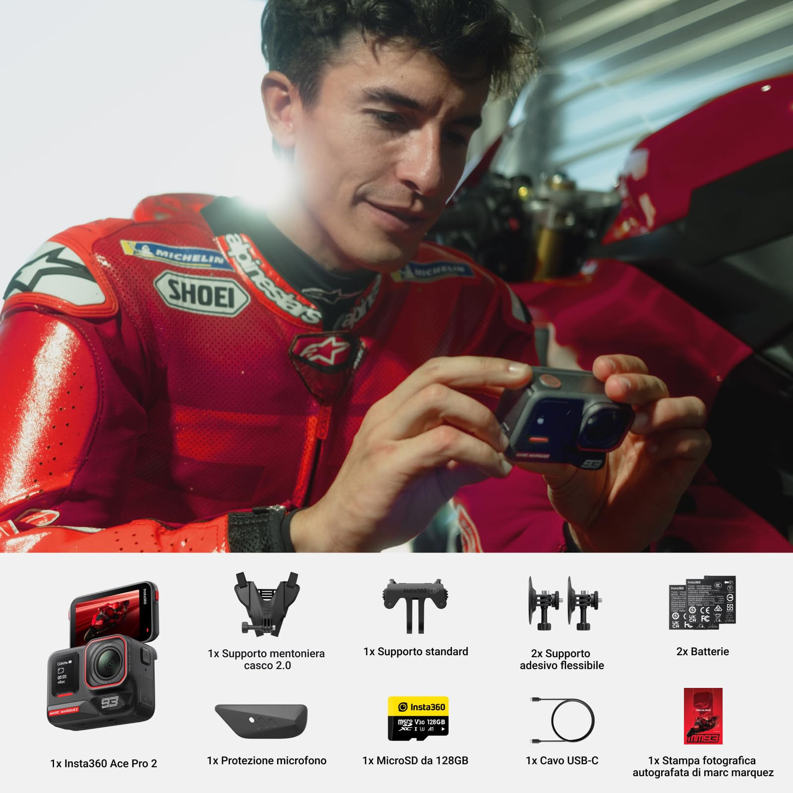 Insta360 Ace Pro 2 Edizione MM93, Action cam 8K Creata in collab con Marc Márquez, videocamera per moto, superba in bassa luce, riduzione rumore del vento, touchscreen direzionale ed editing IA.