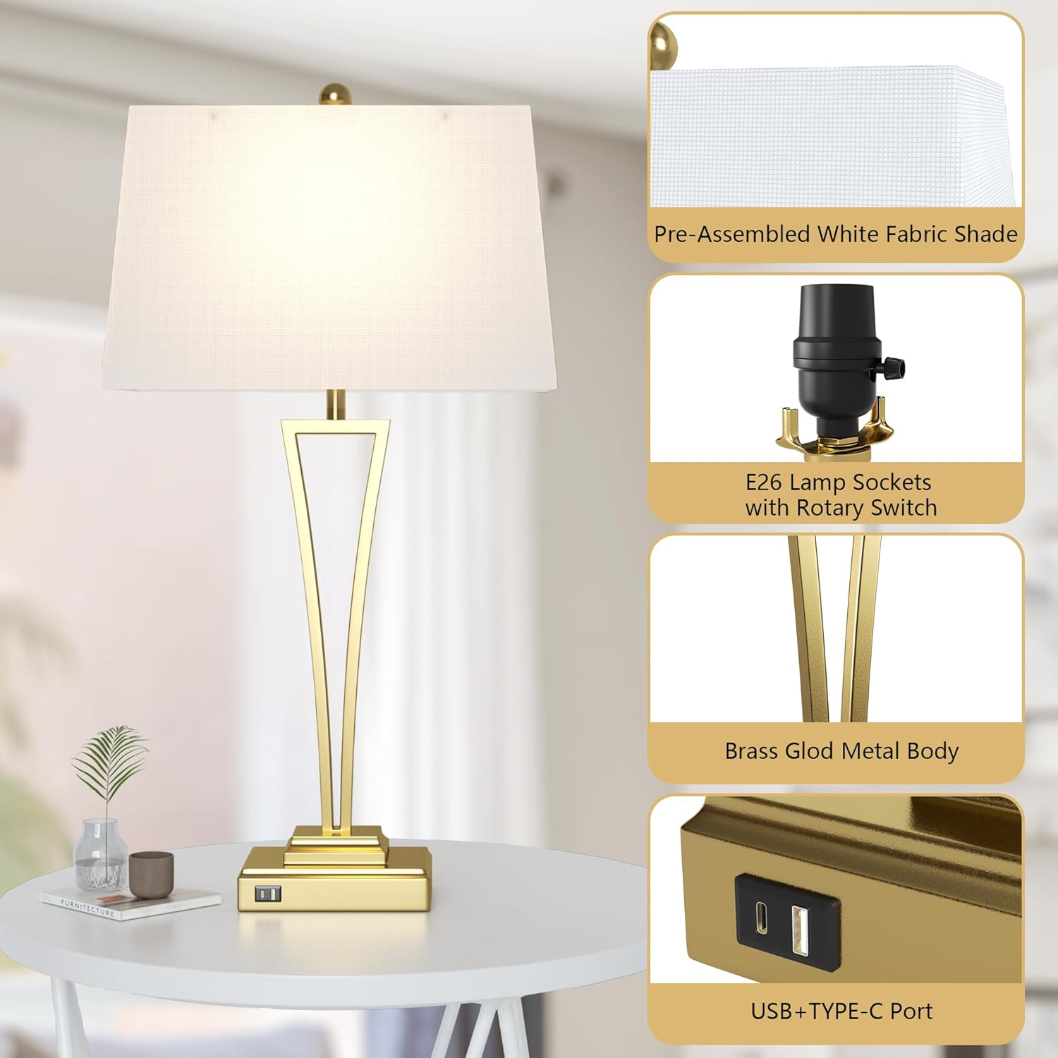 Maxax Gold Table Lamps Set of 2 for Living Room, 30.5" Tall Large Metal Bedside Lamps with USB A+C Ports, Modern Bedroom Lamps with White Rectangular Shade for Nightstand End Table