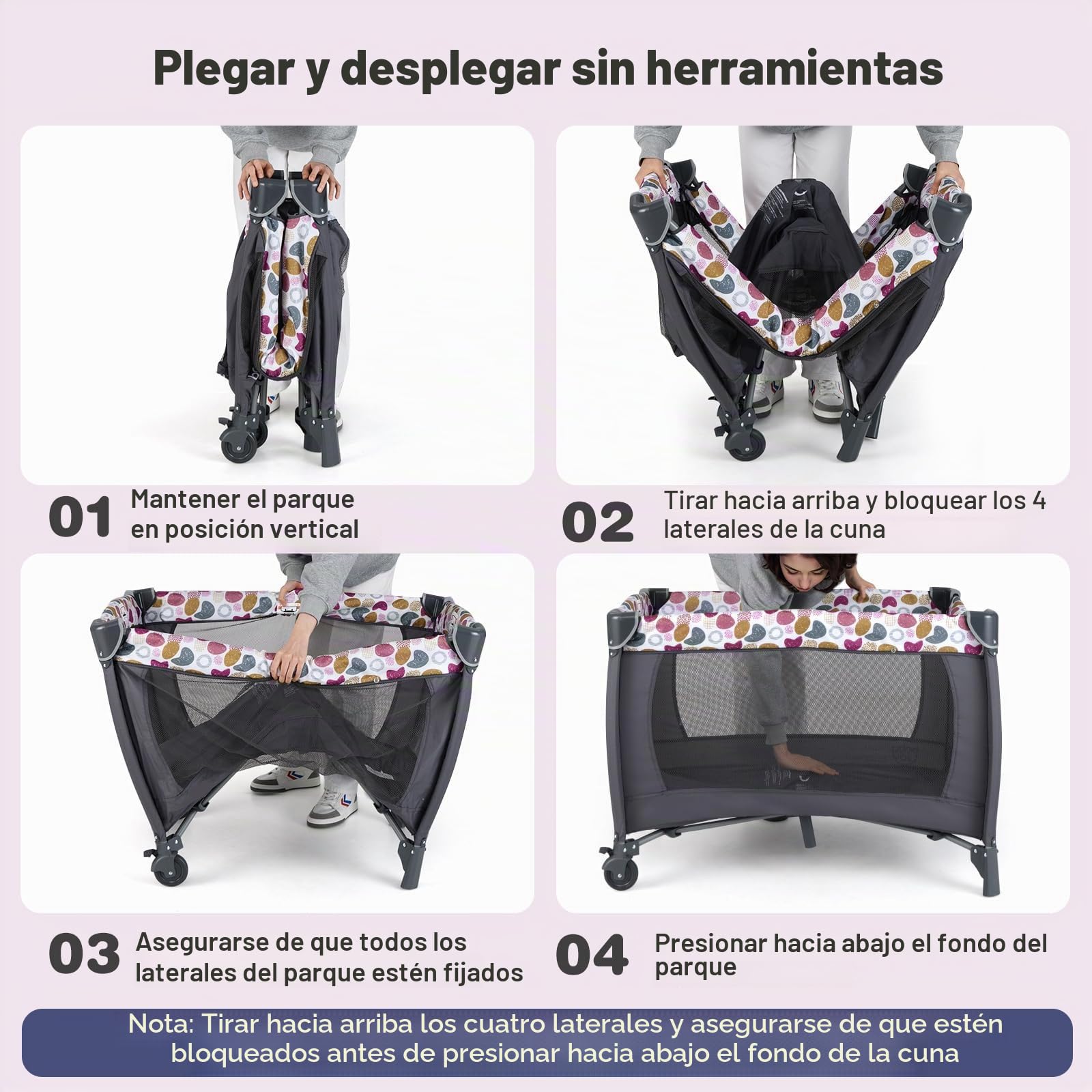 RELAX4LIFE 5 en 1 Cuna con Cambiador, Moisés, Juguetes Colgantes, Caja de Música, Bolsa de Transporte y Altura Ajustable, Cuna de Viaje Plegable, Parque Infantil para Bebé 0-3 Años (Rosa Fuerte)