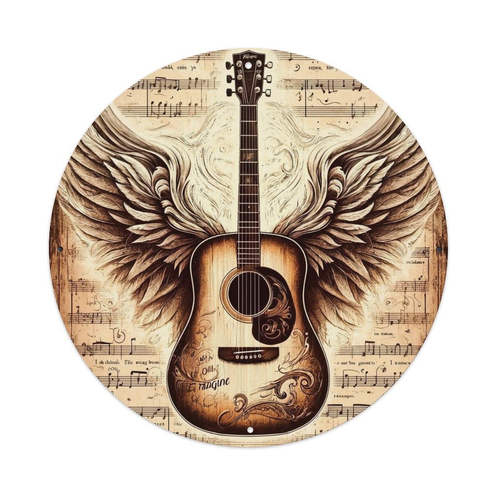 Winged Guitar On Sheet Music Retro Metal Tin Sign, Vintage Metal Poster for home, Gaming Room, Studio Workshop,Bar,Garage Wall Art Decor 8x8 inch