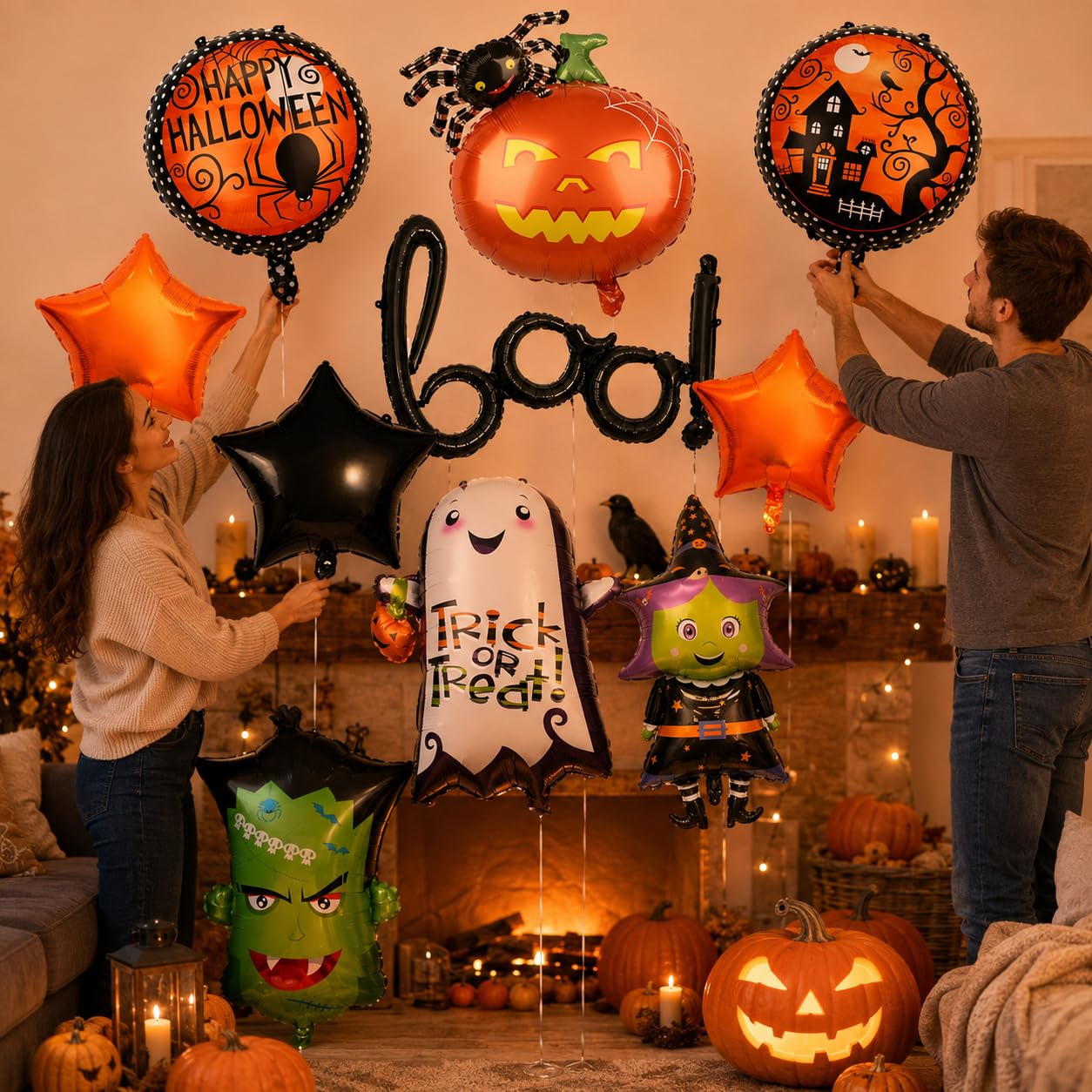 10 Stück Boo Ballon Set, XXL Geist Spinne Kürbis Hexe Monster Folienballon Mit Orange Schwarz Stern Rundes Halloween Party Deko Luftballon für Kinder Happy Nacht Party Dekoration