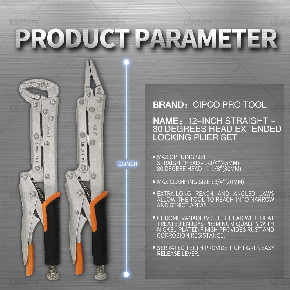 12 Inch Extended Long Locking Vise Grip Pliers Set, Straight Head / 80 Degrees Head Needle Nose Pliers Set, Fast Release Design, CRV Steel