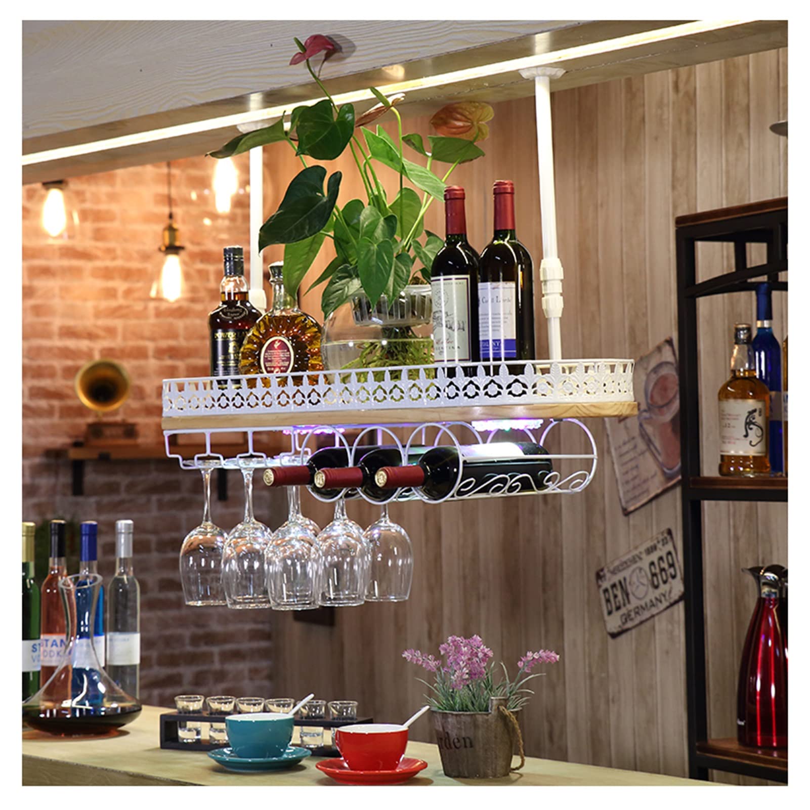 Support à vin suspendu de plafond LUNEZY, l'excellence du design rétro et lumineux pour votre cave