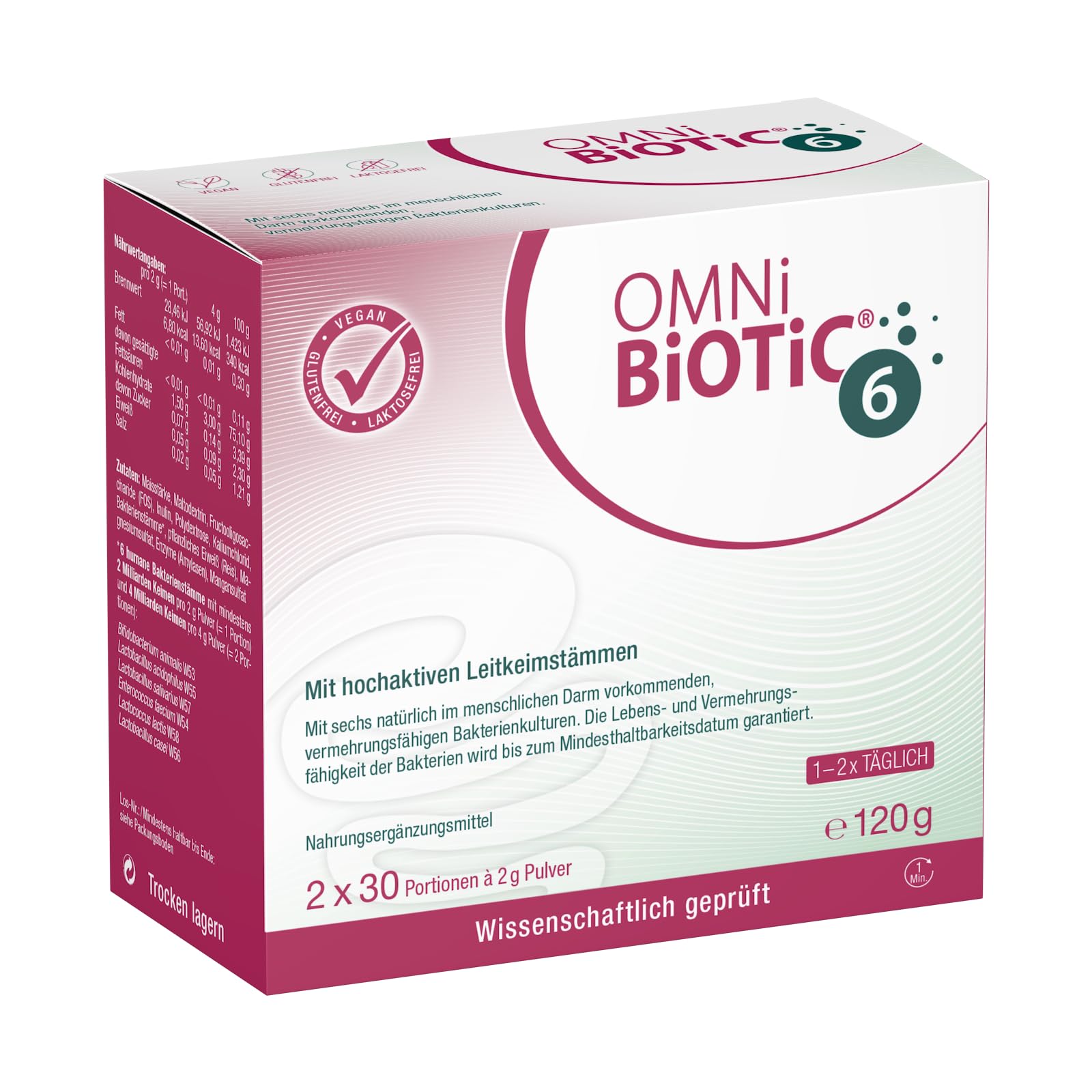 OMNi BiOTiC 6 | Der tägliche Begleiter für ein gutes "Bauchgefühl" | Für jeden Tag und jedes Alter geeignet | 60 Portionen (120 g) | 6 Bakterienstämme | Pulver | Mit Inulin | Vegan | Glutenfrei