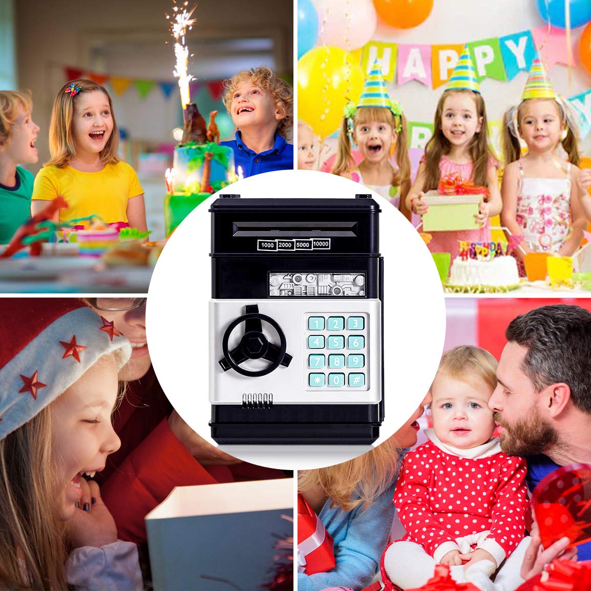 Thedttoy Bezpieczna Skarbonka dla Dzieci 3-7+ Lat, Mini Bankomat Cyfrowy dla Dziewcząt i Chłopców, Hasło Sejf Pieniądze Gotówka, Zabawka Prezent na Kerstmis i Urodziny (Czarna)