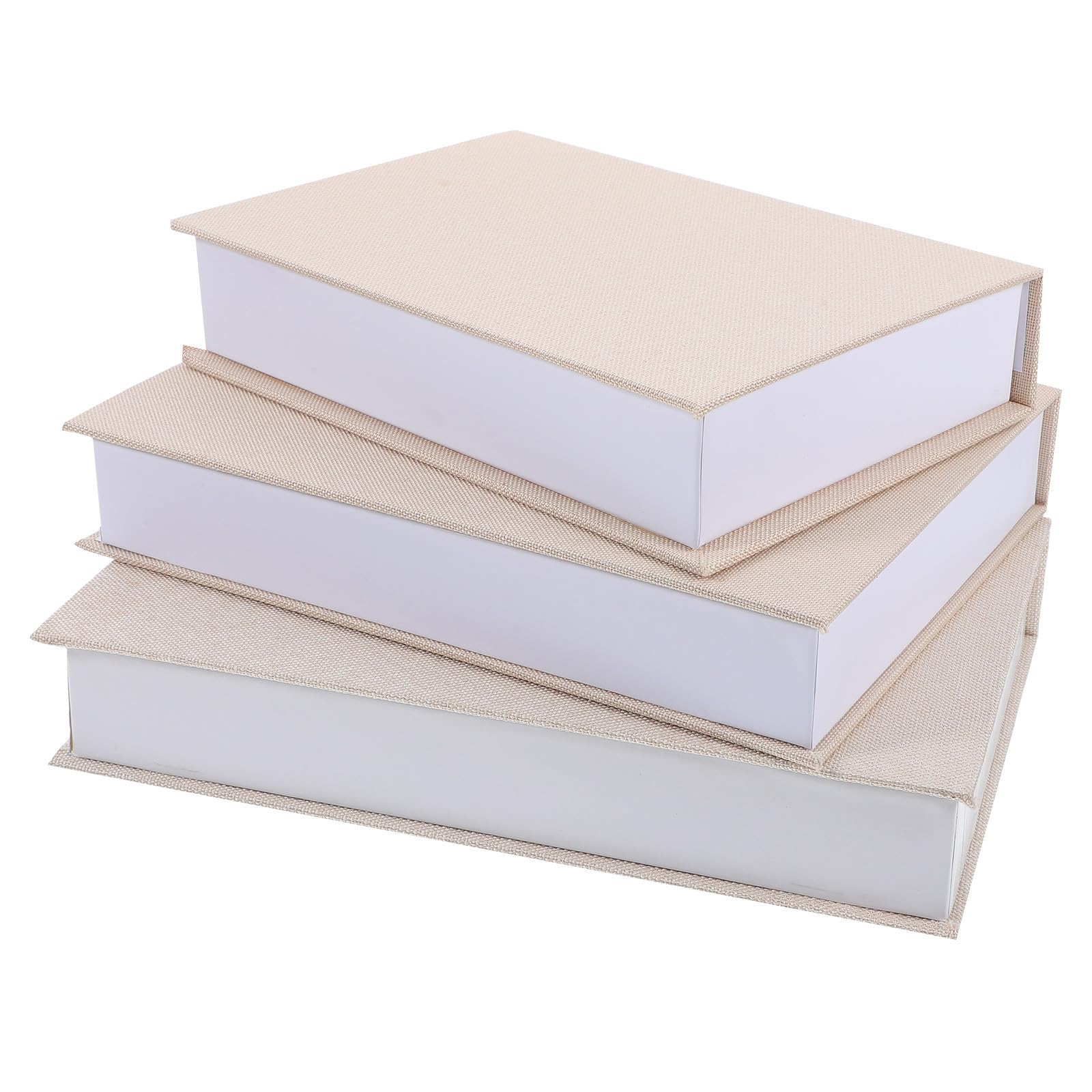 Boîtes livres vintage en lin beige pour ranger le desordre des etageres