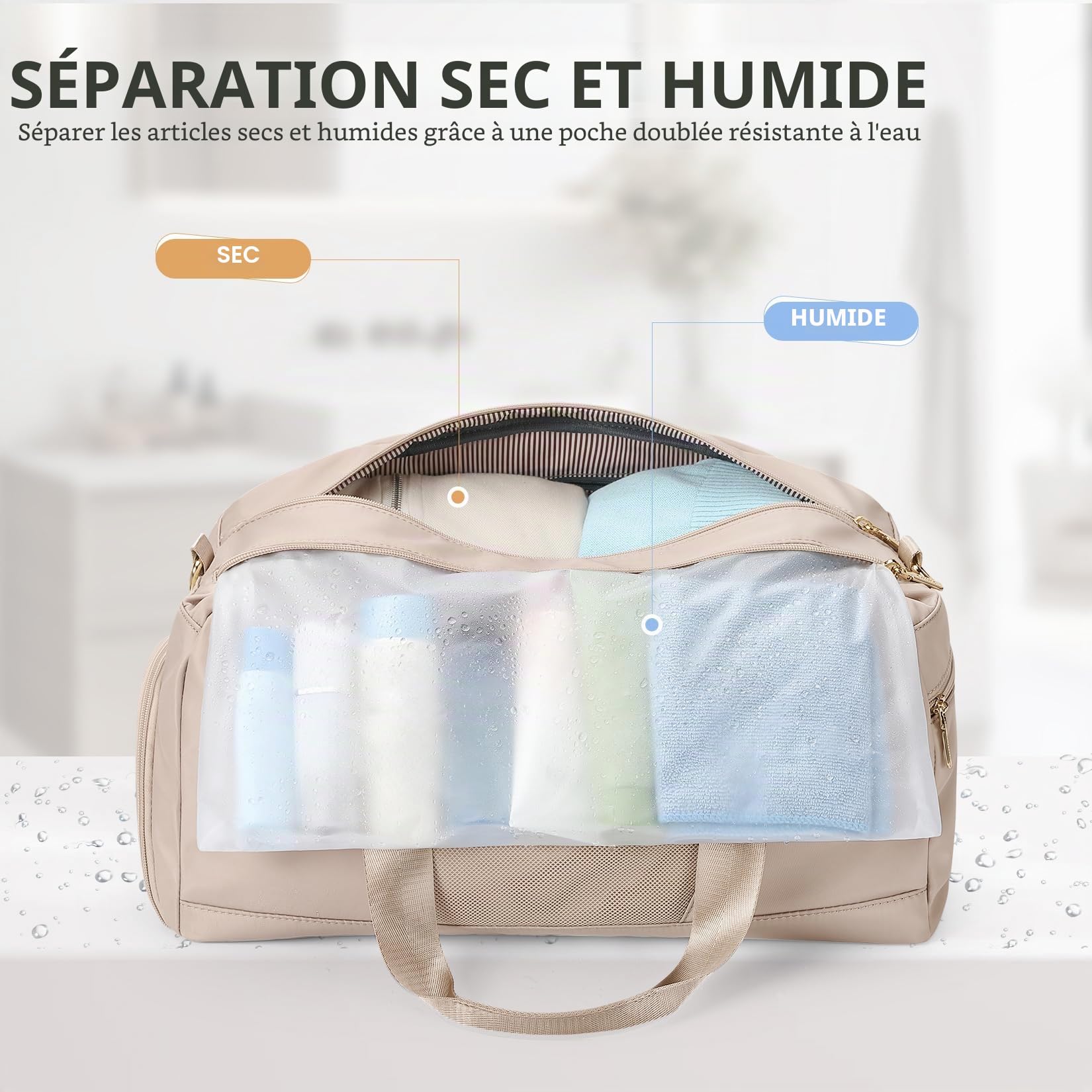 VNINE Sac de Voyage 51.8L Weekend Sac à bandoulière, Sac de Sport Séparé Sec et Humide Bag Imperméable pour Femme Homme Sport Gym Weekender Bag Fourre-Tout Sac d'Hôpital