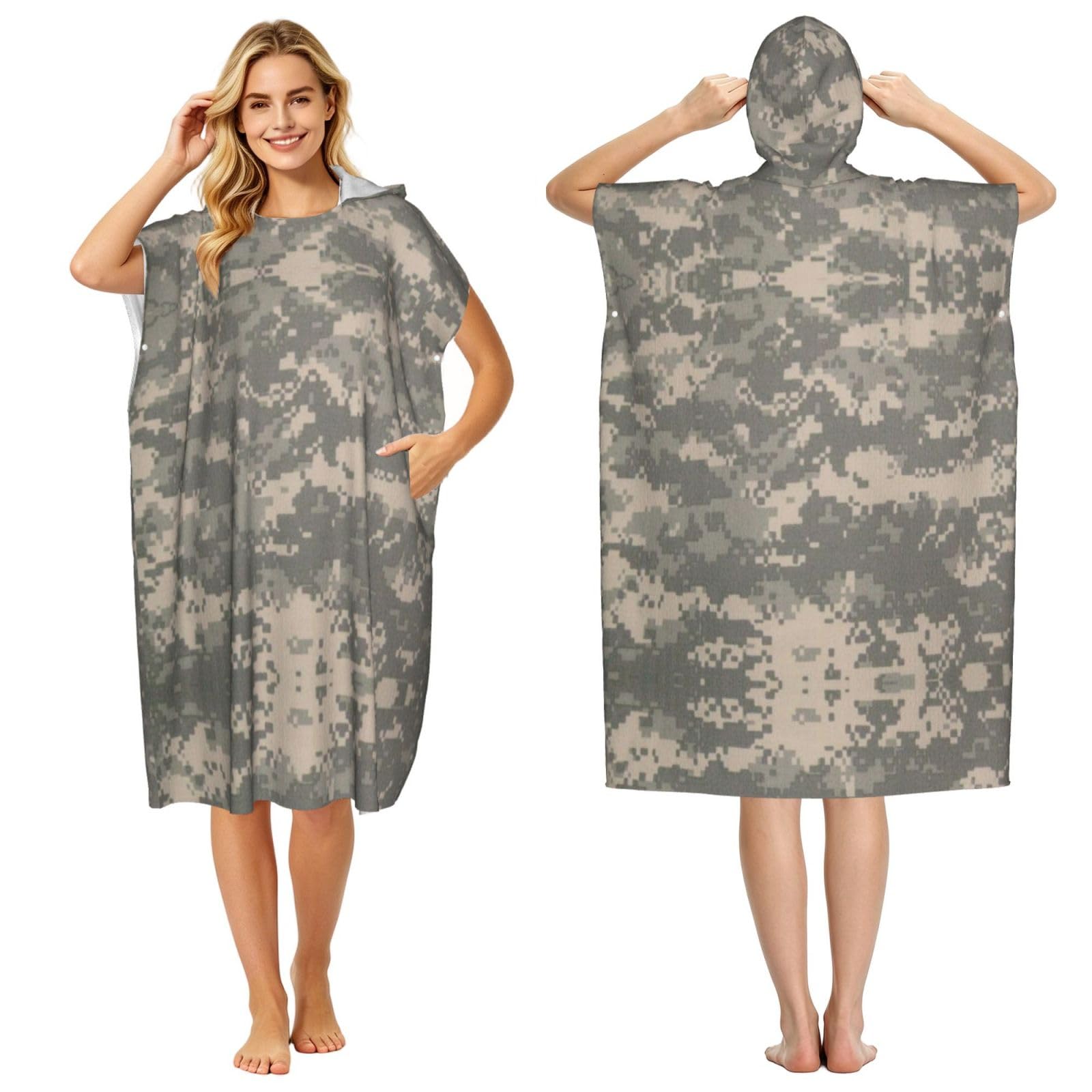 EZDLOWVBA Army Digital Camouflage Print Hooded Poncho Microfiber Beach Towel,Adult Women & Men Changing Robe,Lightweight Summer Surf Swim Bath Poncho Towel