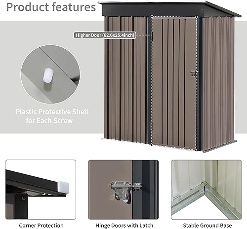 Miniatura 4 de Cobertizo de almacenamiento para exteriores de 5 x 3 pies, cobertizo de almacenamiento de metal con estante ajustable y puerta con cerradura,