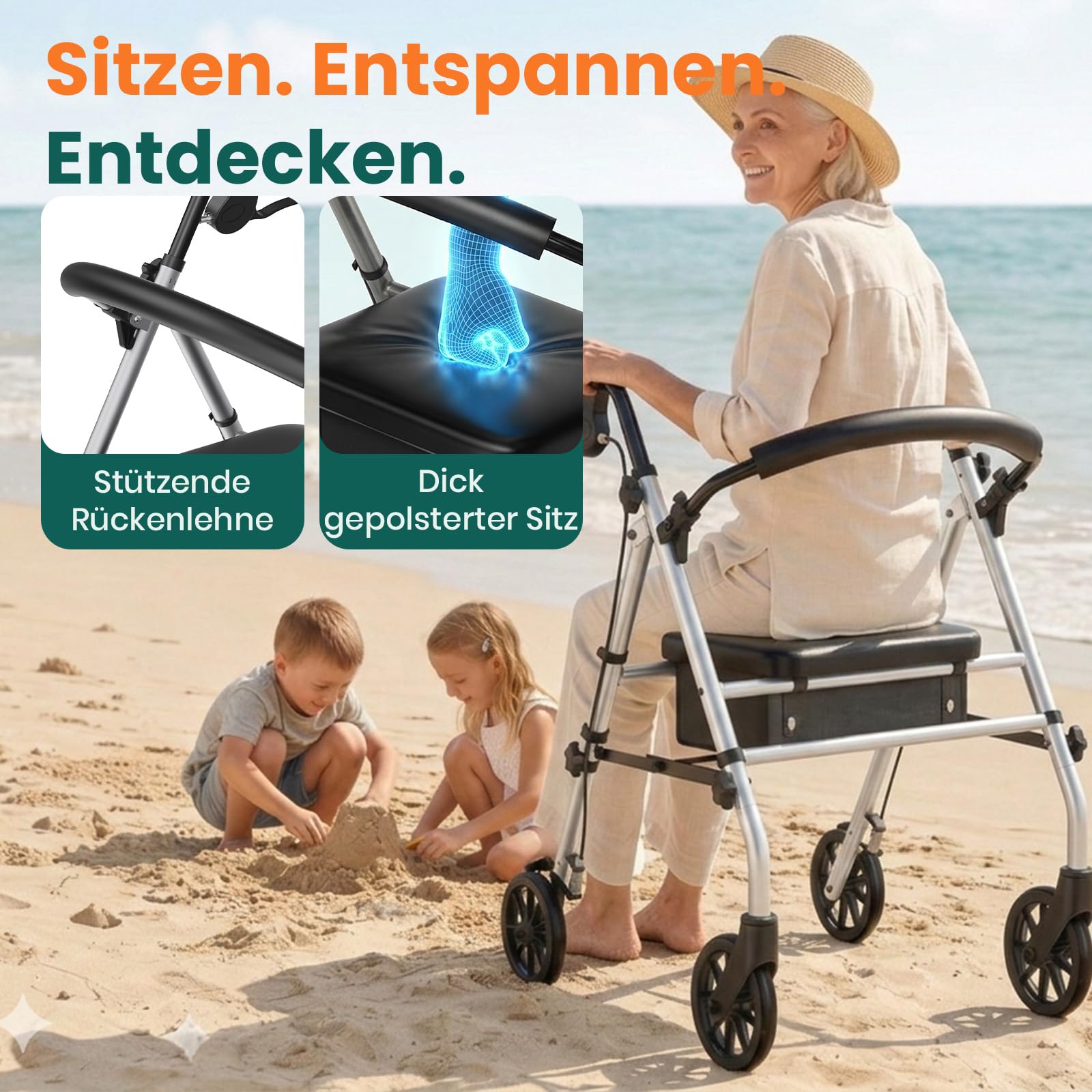 Faltrollator mit Sitz – stabiler 4-Rad-Gehwagen für Senioren & Gehbehinderte, Silbergrau