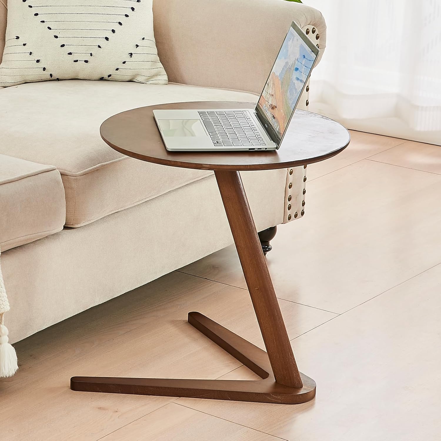 Photo 1 of  Round Solid Wood Side Table - Small Wooden Round Beside End Table, C Shaped Modern End Tables Nightstand for Couch Sofa Armchair Office Living Room Bedroom, Walnut, 19.7 in x 19.7 in x 20.1 in 