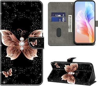 for Samsung Galaxy A32 5G Case, Flip Folio PU Leather Protective Cover with Card Holder Magnetic Closure, Kickstand - Pink Diamond Butterfly