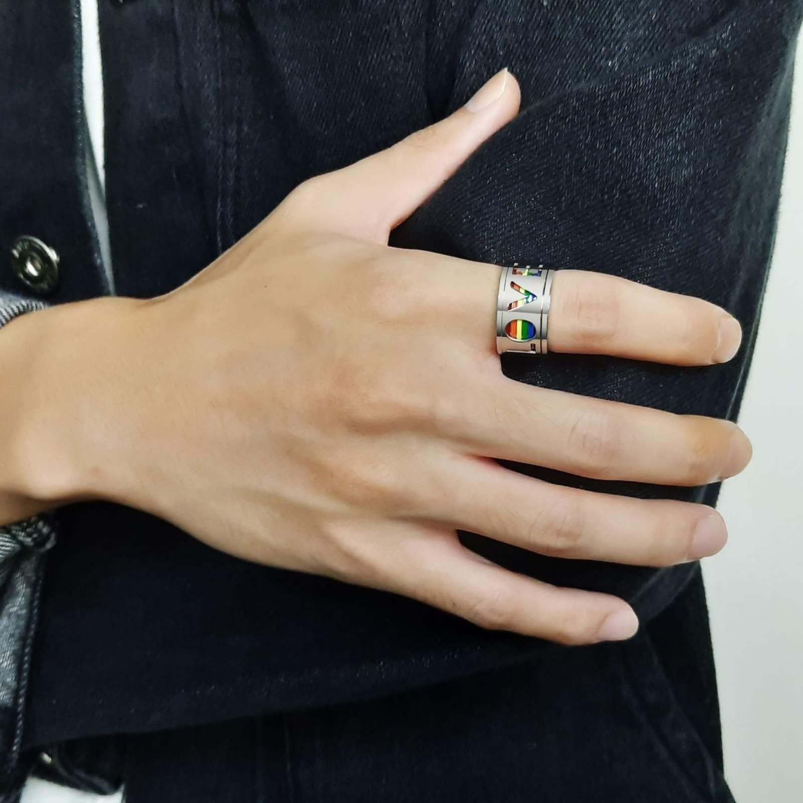 AmDxD Collar para parejas, 2 unidades, anillo de acero inoxidable, colgante Love LGBT, par de collares para él y ella, plata para mujeres y hombres (ancho de 11 mm, cadena para hombre de 60 cm,