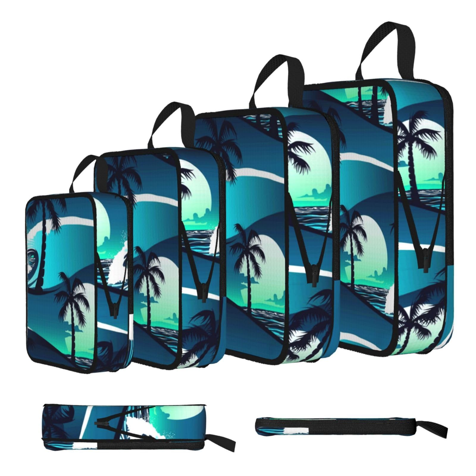 Esnaiuvcd Black Skateboard With Palm Trees Print 4 Set Compression Packing Cubes For Suitcases,Expandable Storage Bags Organizers