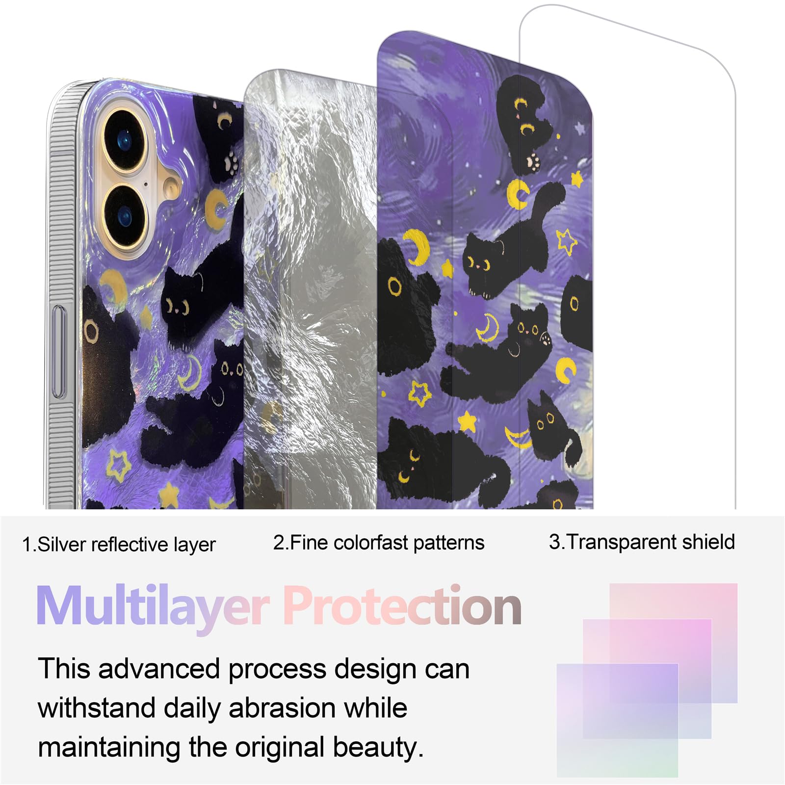 Amazon.com: buccilly Compact Case for iPhone 16 Black cat-Purple