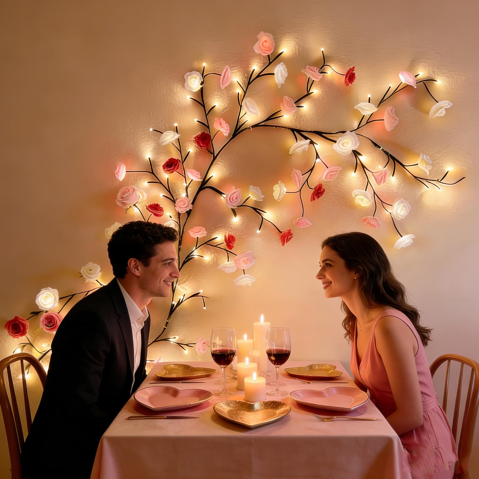 Luci LED a forma di ramo di albero da parete, luci a LED a forma di ramoscello con 96 luci a LED a forma di fiore e alimentazione USB, 8 modalità di illuminazione per interni, decorazione per