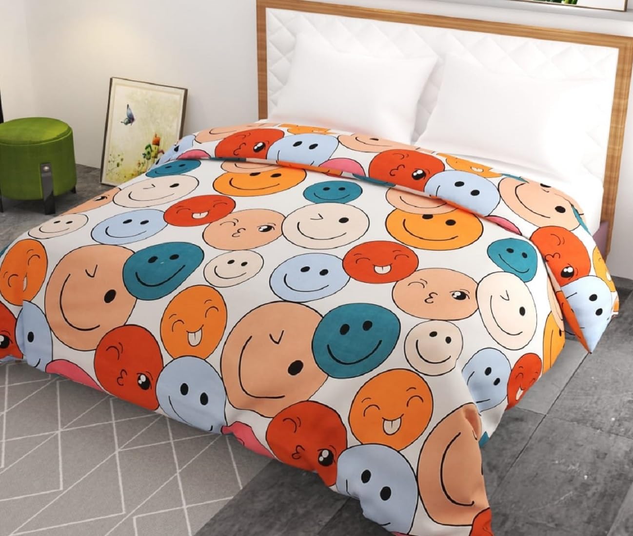 TURIYA 180 TC Microfiber Cloth Printed Double Bed Size Duvet Cover/Rajai Cover/Kambal Cover with Zipper Enclosure (Design 5) (Smileys Multicolor)-image-39