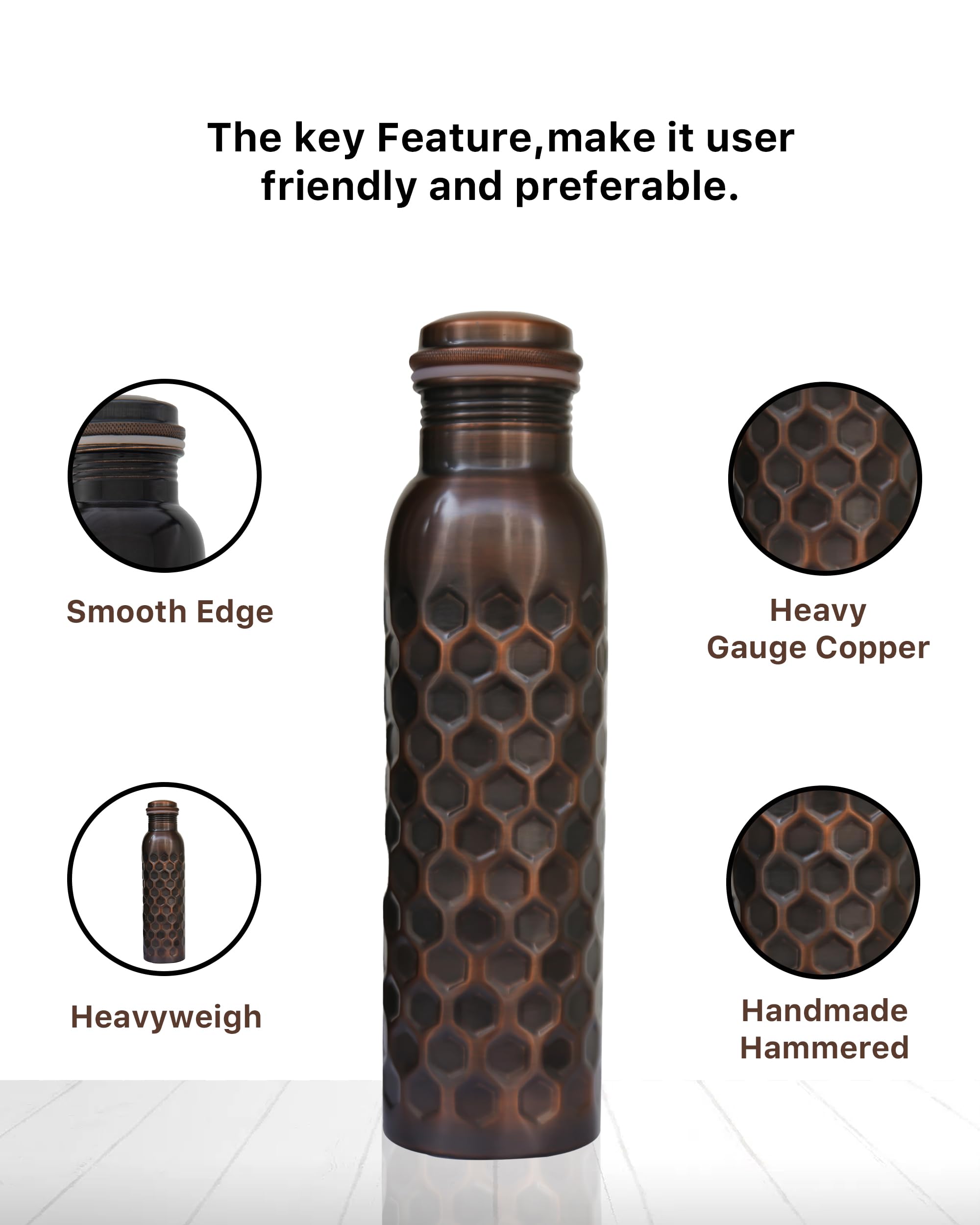 Botella 1000ml Copper Water Bottle - Handcrafted Ayurvedic Pure Copper Bottle With Leak Proof Lid - 34 Oz For Immune Health - View #7