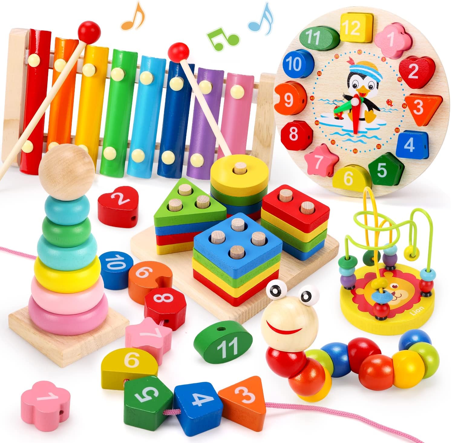 REMOKING 6 in 1 Wooden Montessori Toys for Toddlers Age 1โ3, Shape Sorting, Stacking, Colour & Number Learning Toy Set with Xylophone and Clock, Educational Wooden Toys for Boys and Girls