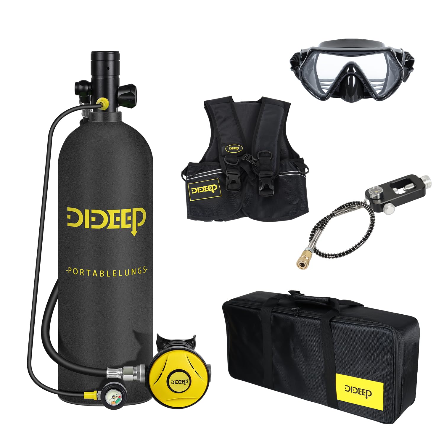 DIDEEP Scuba Tank, 2L Mini Scuba Tanks Kit, Support About 30-40 Minutes Underwater Breathing, Dive Portable Lungs for Backup Air Source Underwater Exploration, Black
