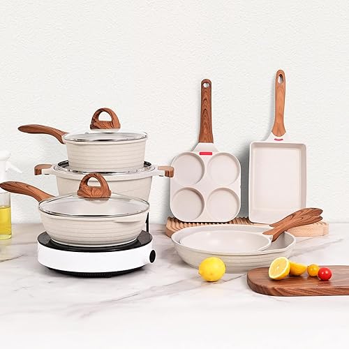 Miniatura 9 de JEETEE Juego de ollas y sartenes antiadherentes con mango extraíble/desmontable (17 piezas, beige, 13 piezas)