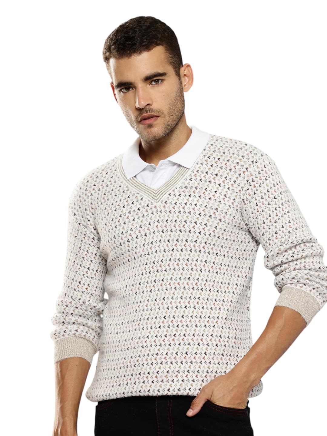 aarika Mens Winter Wear Cream-Blue Colour Abstract Woolen Sweater-picture-15