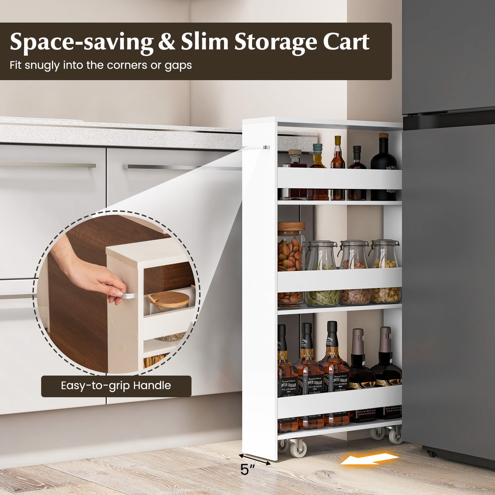 KOMFOTTEU Carrito de Cocina de 4 Niveles, Carro Auxiliar Estrecho con Ruedas, Estante Nicho con Asa, Mueble de Almacenaje Ahorra Espacio para Cocina, Baño, Oficina, 47,5x13x80,5cm (Blanco)
