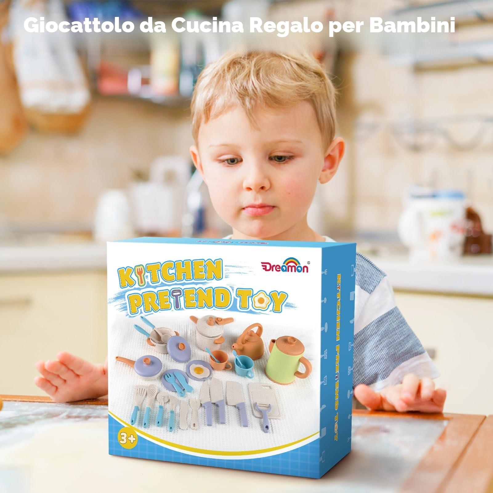 Dreamon Cucina Giocattolo per Bambini Set 31PCS Accessori Cucina Bambini Pentole e Padelle Giocattolo Gameplay Sicuro e Durevole Regali per Bambino Bambina di 3 4 5 6 Anni