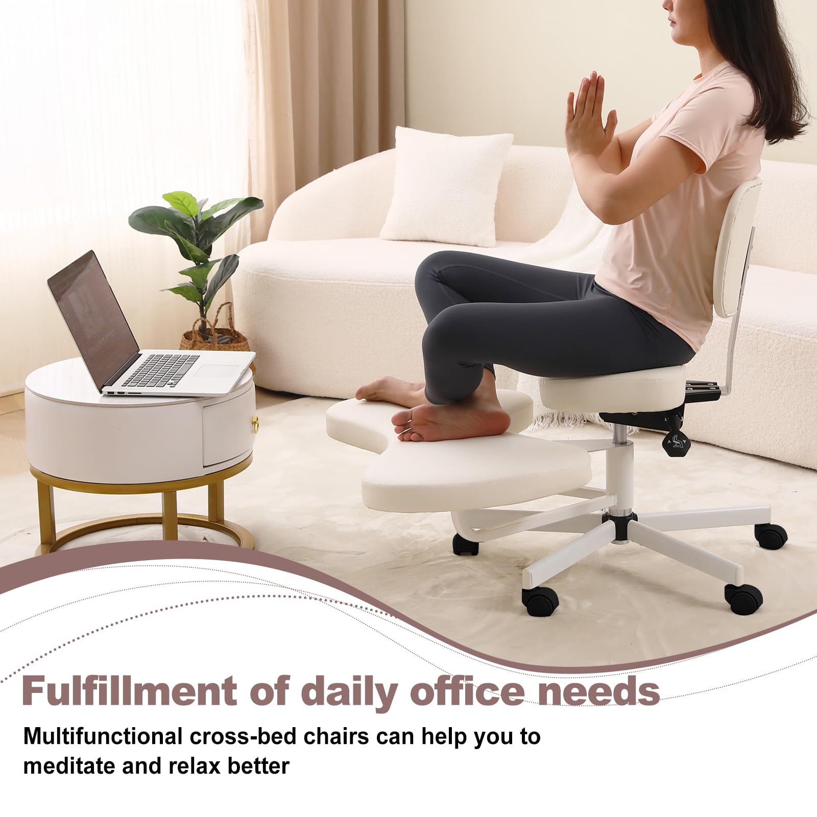 Ergonomischer Meditationsstuhl, ADHS-Stuhl mit Lendenwirbelstütze und Rädern, höhenverstellbar, Bürostuhl mit gekreuzten Beinen und Beinauflage, Criss Cross Chair (weiß)