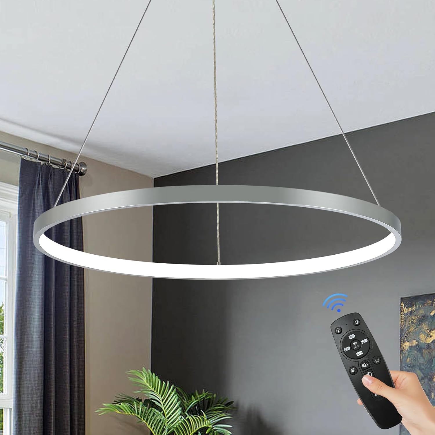 Chrome LED Ring Chandelier 24" Remote Control Dimmable Flush Mount Pendant Chandelier for Dinning Room Office Kitchen Living Room,3000-6500K Chrome Inward light 1 Ring : 23.6"