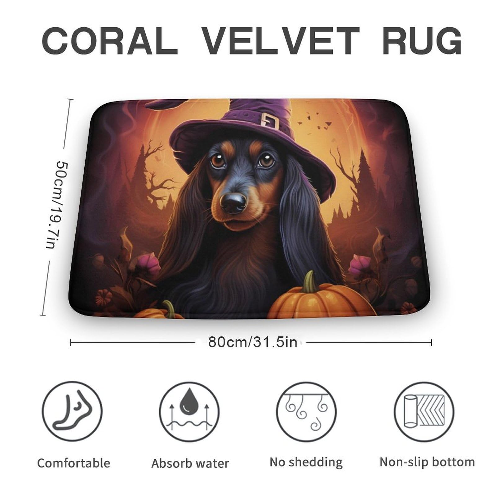 Cute Witch Funny Dachshunds Halloween Coral Velvet Rugs Non-Slip Bathroom Rugs Soft Kitchen Rug Floor Carpet for Home Decor 19.7
