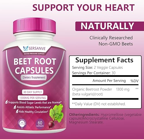 Miniatura 6 de Suplemento de cápsulas de raíz de remolacha, soporte de presión arterial, apoyo de energía natural de 1300 mg, ayuda a la circulación y el flujo