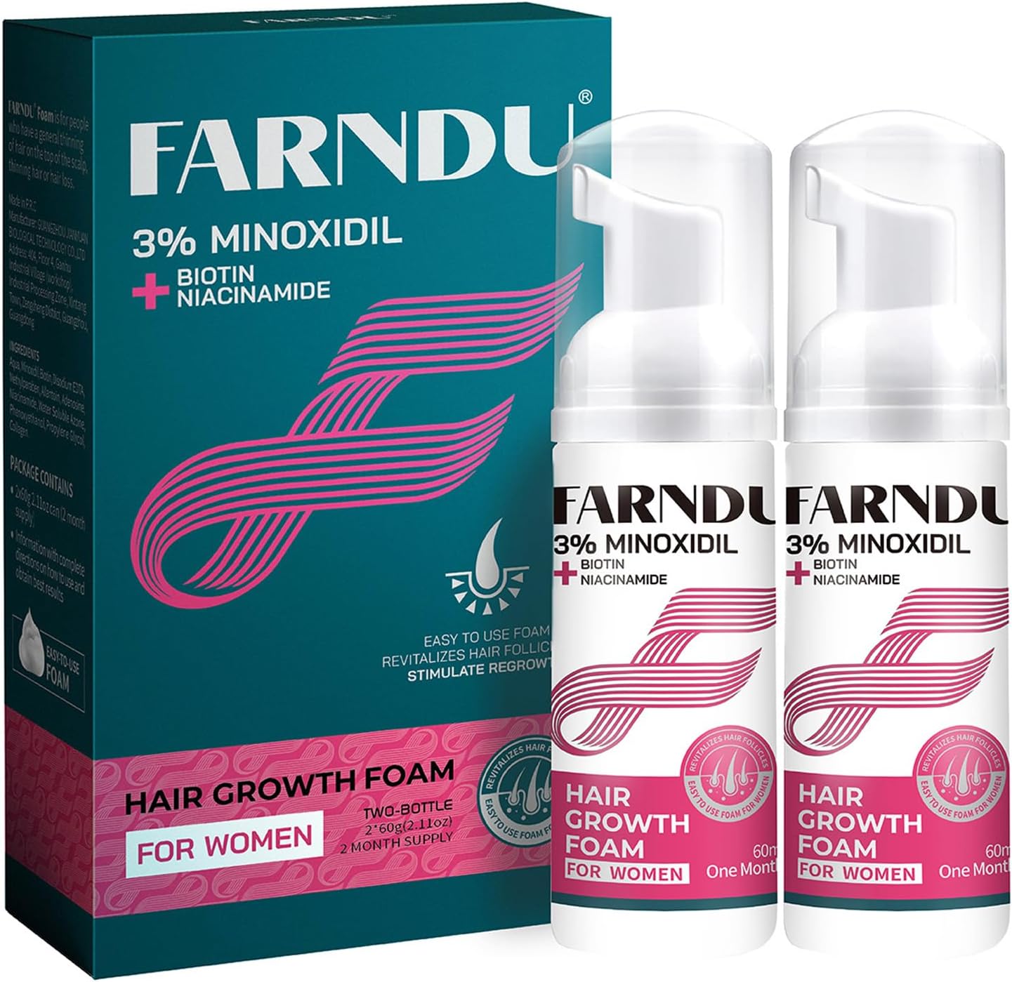 3% Minoxidil Foam for Women with Biotin & Niacinamide – Powerful Hair Growth Treatment for Thicker, Fuller, and Healthier Hair, 2 Pack of 60 ml / 2.11 oz