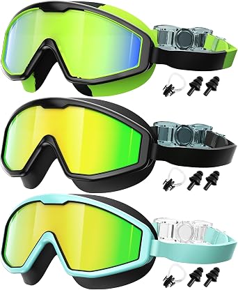 Kids Goggles Age 4-16, Anti-Fog UV 180Clear View Kids Swim Goggles, 3 Pack Swimming Goggles Waterproof Pool Goggles