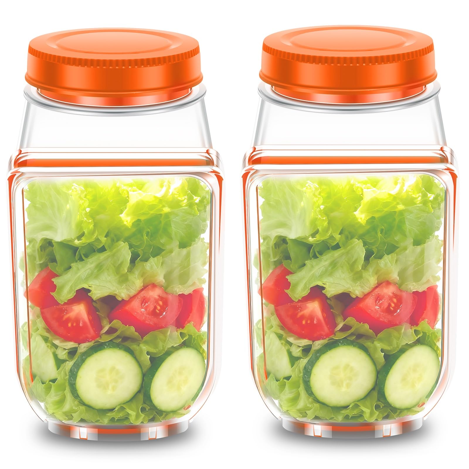 YUNYOUC 700ml Salad Pod, Vertical Layering Salad Jar with Side Opening, Built-in Bowl Design, Reusable Vegetable Fruit Container, Fresh Salads Storage for Lunch, Fruit(Orange 2Pcs)