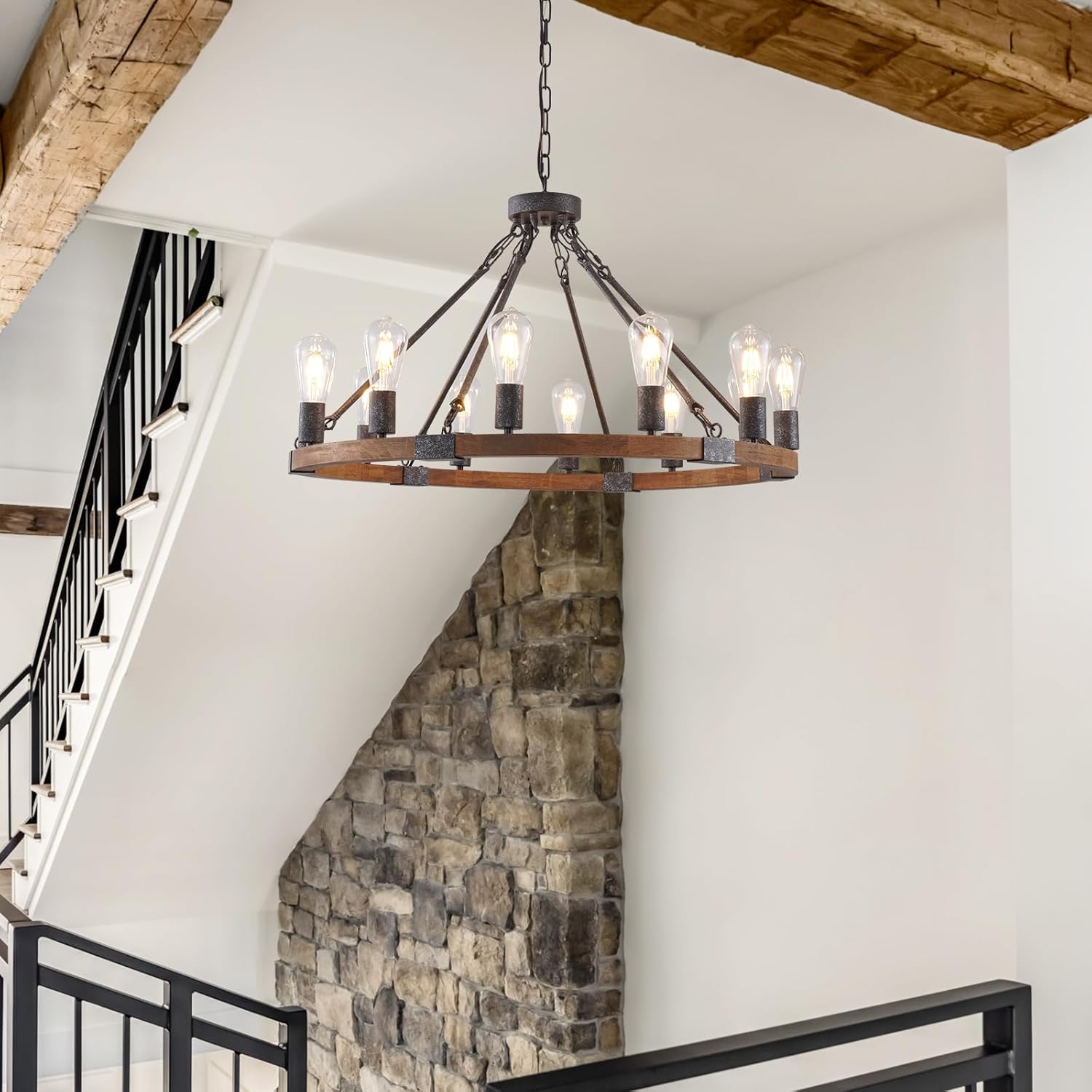 Farmhouse Wagon Wheel Chandelier 31" Black Wooden Chandelier 12-Light Rustic Pendant Light Fixture for Dining Room Living Room Entryway Foyer