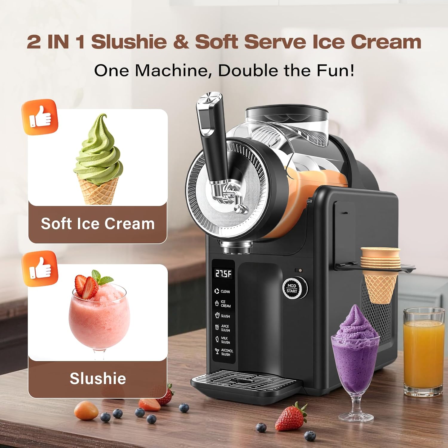 (Similar to) SYINTAO Slushie Machine No Ice Needed, 2-in-1 Frozen Drink & Soft Serve Ice Cream Maker, 75oz Self-Chilling Slushy Maker with 5 Presets, LED Display & Auto Clean for Home & Party (Black)