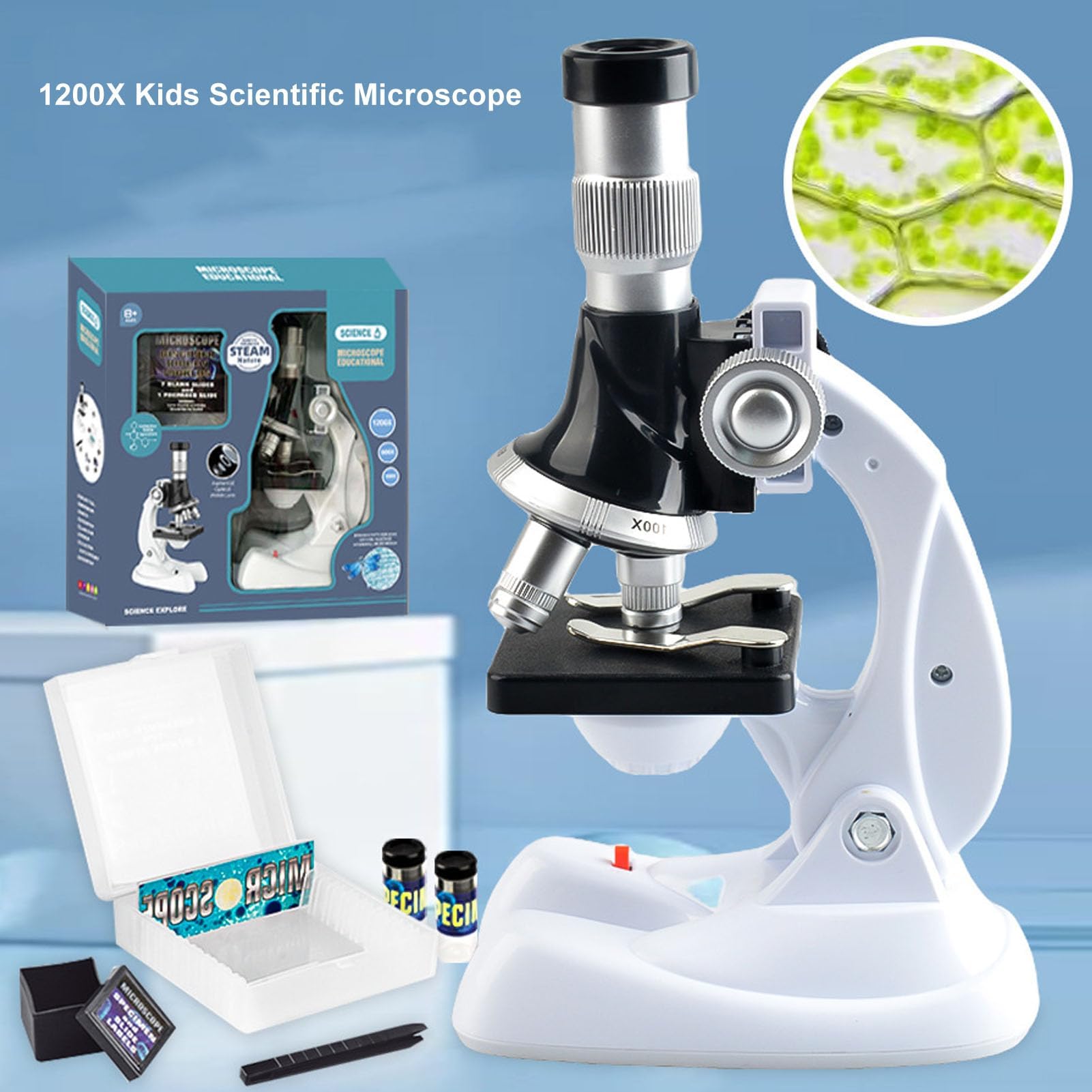 Microscopio per Bambini, Ingrandimento 100X 600X 1200X con 3 Lenti Obiettivo Microscopio Scientifico Giocattolo Educativo for Bambini Adulti Scuola Casa Laboratorio