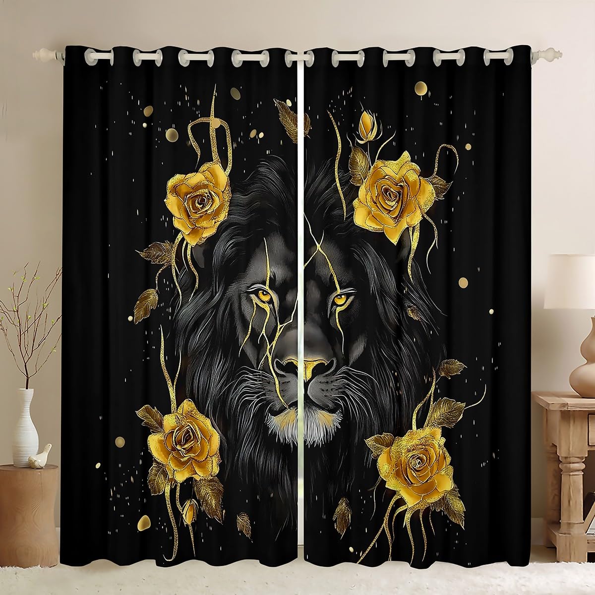 jejeloiu Gold Rose and Lion Curtain Kids Boys Girls (2 Panels, 52 x 84 Inch) Wild Animal Pattern Window Drapes Black Lion Blackout Shades Gold Room