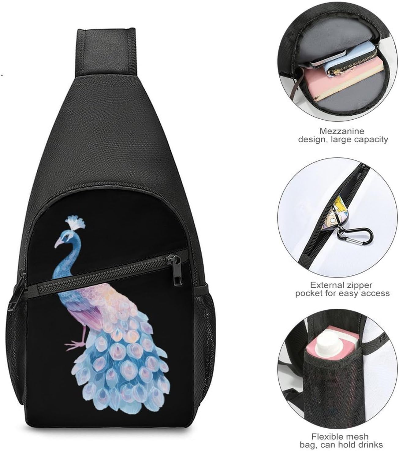 Peacock Watercolor Crossbody Sling Backpack Chest Bag Daypack | unisex,trendy,with convertible and detachable shoulder strap,side pockets