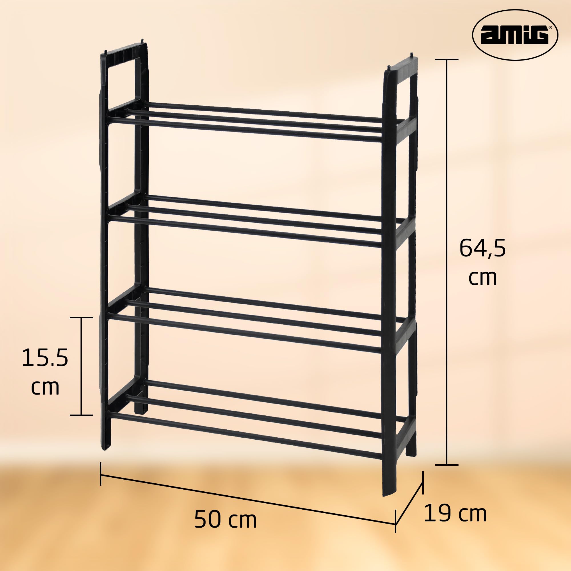 Amig 4-poziomowy regał na buty Zikan | 50 x 19 x 64,5 cm | metal i tworzywo sztuczne | czarny | modułowy stojak na buty i możliwość układania w stos, organizer na 12 par butów