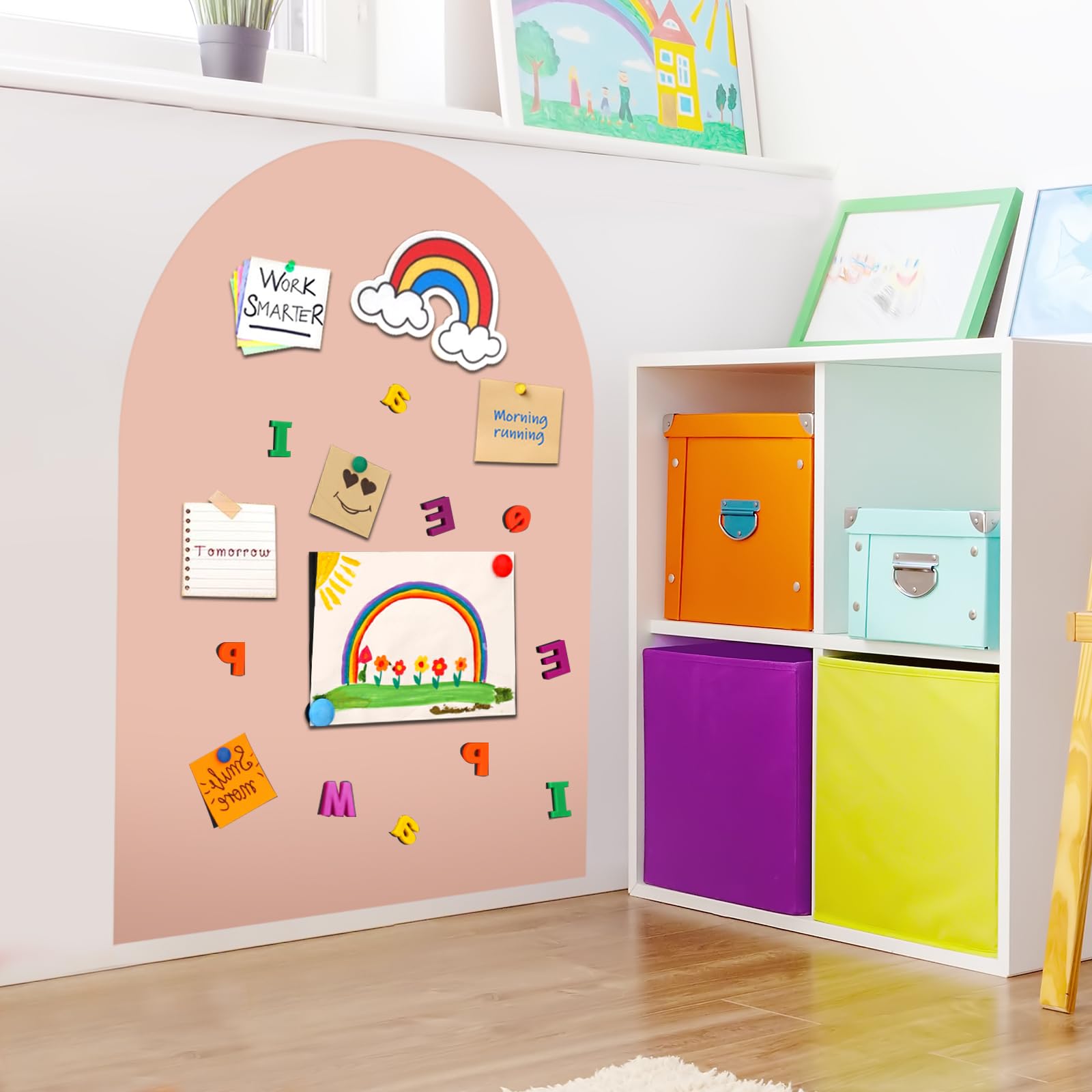 Lavagna Magnetica da Parete, Lavagna Adesiva Arco, 80×100 cm Lavagna Cancellabile per Bambini, Inclusi 3 Gesso Senza Polvere, 1 Pannello, Foglio Adesivo per Uffici, Sale Giochi （Rosa Cammello）
