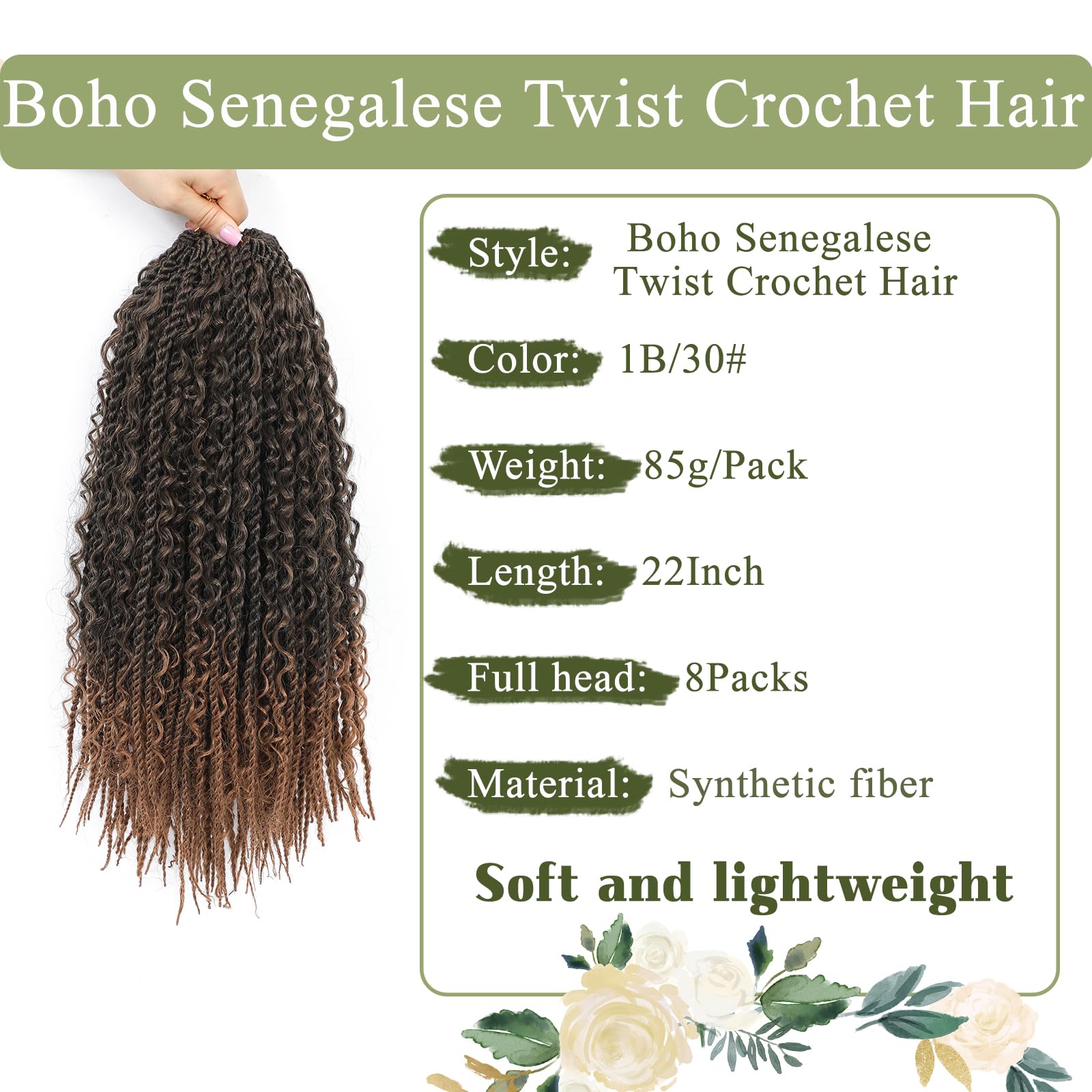 Boho Senegalese Twist Crochet Hair 8 Packs Pre Looped Goddess Island Passion Twist Crochet Braids Hair Extensions for Black Women (1B/30 - Image 2