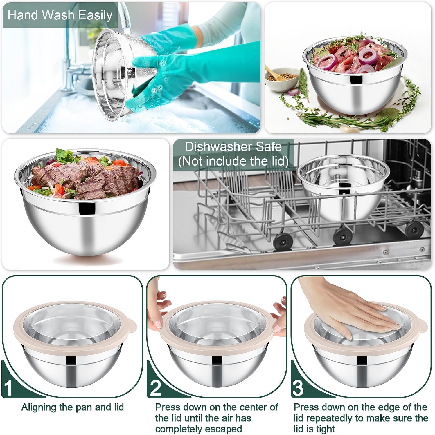 Joyfair Cuencos para mezclar, 5 cuencos de ensalada anidables de acero inoxidable con tapas transparentes herméticas, juego de cuencos de metal ideal para cocina, mezclar, hornear, servir, almacenar y